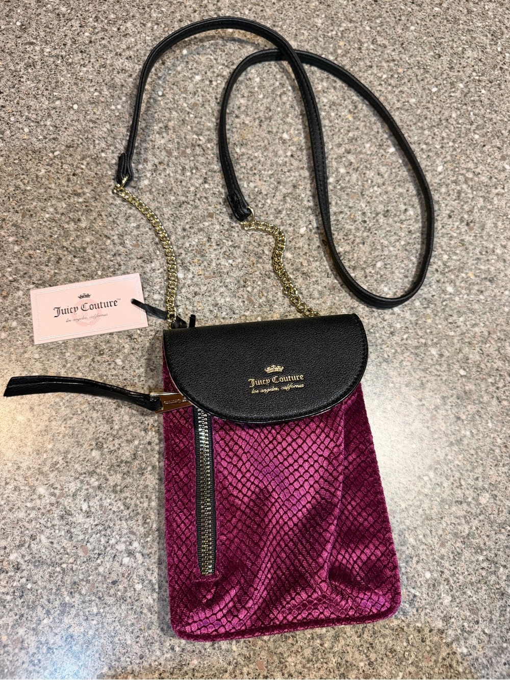 Juicy Couture Black & Burgundy Velvet Crossbody Bag with Gold Chain